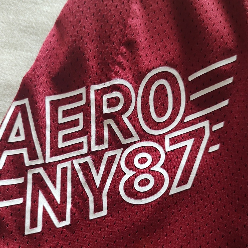 Aeropostale Mens Burgundy Mesh Athletic Basketball Shorts AERO NY87 Graphic L